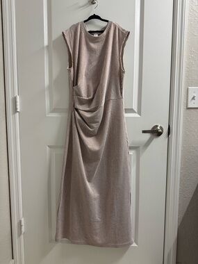 LOFT Brown and White Striped Draped Midi Dress